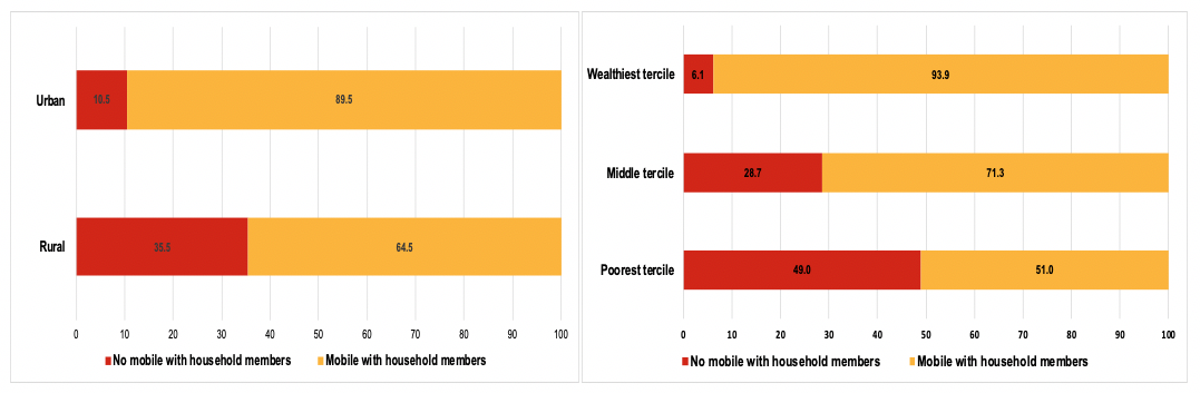 Bar chart looking at mobile phone ownership (%) by location and by household wealth
